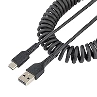 StarTech.com 3ft (1m) USB A to C Charging Cable, Coiled Heavy Duty Fast Charge & Sync USB-C Cable, USB 2.0 A to Type-C Cable, Rugged Aramid Fiber, Durable Male to Male USB, Black (R2ACC-1M-USB-CABLE)