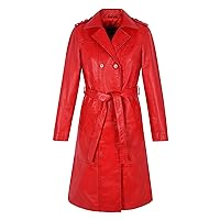 Woman's Elegant Trench Coat Real Lambskin Leather Knee Length 3/4Tie Belt Jacket