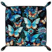 Blue Flower Butterfly Microfiber Leather Dice Trays Folding for RPG DND Table Games, Leather Dice Holder Storage Box Portable Folding Rolling Dice Tray, 20.5x20.5cm