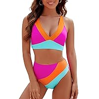 Blooming Jelly Womens High Waisted Bikini Sets Sporty Two Piece Swimsuits Color Block Full Coverage Bathing Suits