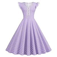 Wellwits Women's Ruffle Butterfly Sleeves Polka Dots 1950s Vintage A Line Dress