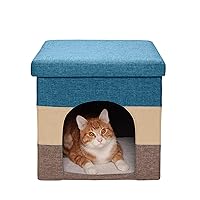 Furhaven Pet House for Indoor Cats & Small Dogs, Collapsible & Foldable w/ Plush Ball Toy - Living Room Footstool Cat Condo - Beach House Stripe (Brown/Blue), Small