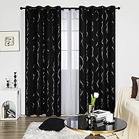 Deconovo Blackout Curtains for Big Windows, 108 Inches Long - Noise Reducing Curtains, Window Curtains with Wave Line and Dots Pattern (52 x 108 Inch, Black, Set of 2)