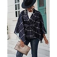 Jackets for Women - Plaid Print Batwing Sleeve Belted Cape Overcoat (Color : Black, Size : Medium)