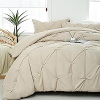 Full Size Comforter Sets Beige - 3 Pieces Cute Pinch Pleat Bed Set, Soft Fluffy Comforter Full Size for All Season, Pintuck Bedding Comforter Sets with 1 Comforter & 2 Pillowcases