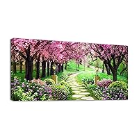 YONICA Canvas Wall Art Painting Pink Cherry Blossoms 1 Piece Park Tree Forest Wallpaper Spring landscape Picture Poster Print Framed and Stretched Ready to Hang for Living Room Bedroom Artwork