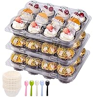 (12 packs X 12 sets Cupcake Containers, Cupcake Carrier Holders,Deep Dome, Transparent Disposable with 150 Pack Cupcake liners and 15 forks