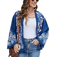 LauraKlein Women's Thin Long Sleeve Embroidered Mexican Cardigan Loose Open Front Casual Blouse Tops
