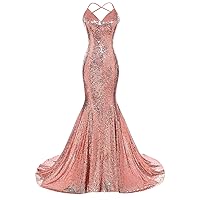 DYS Women's Sequins Mermaid Prom Dress Spaghetti Straps V Neck Backless Gowns Coral US 6