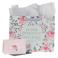 Christian Art Gifts Large Landscape Gift Bag for Moms w/Greeting Card & Tissue Paper Set: More Precious Than Rubies - Prov. 3:15 Inspirational Bible Verse for Mother's Day, Birthdays, Blue/Pink, Large