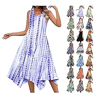 Summer Dresses for Women 2024 Trendy Boho Floral Print Empire Waist Sleeveless Flowy Sundresses Irregular Midi Dress