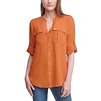 Calvin Klein Women's Rayon with Pockets Roll Sleeve Button Up Blouse