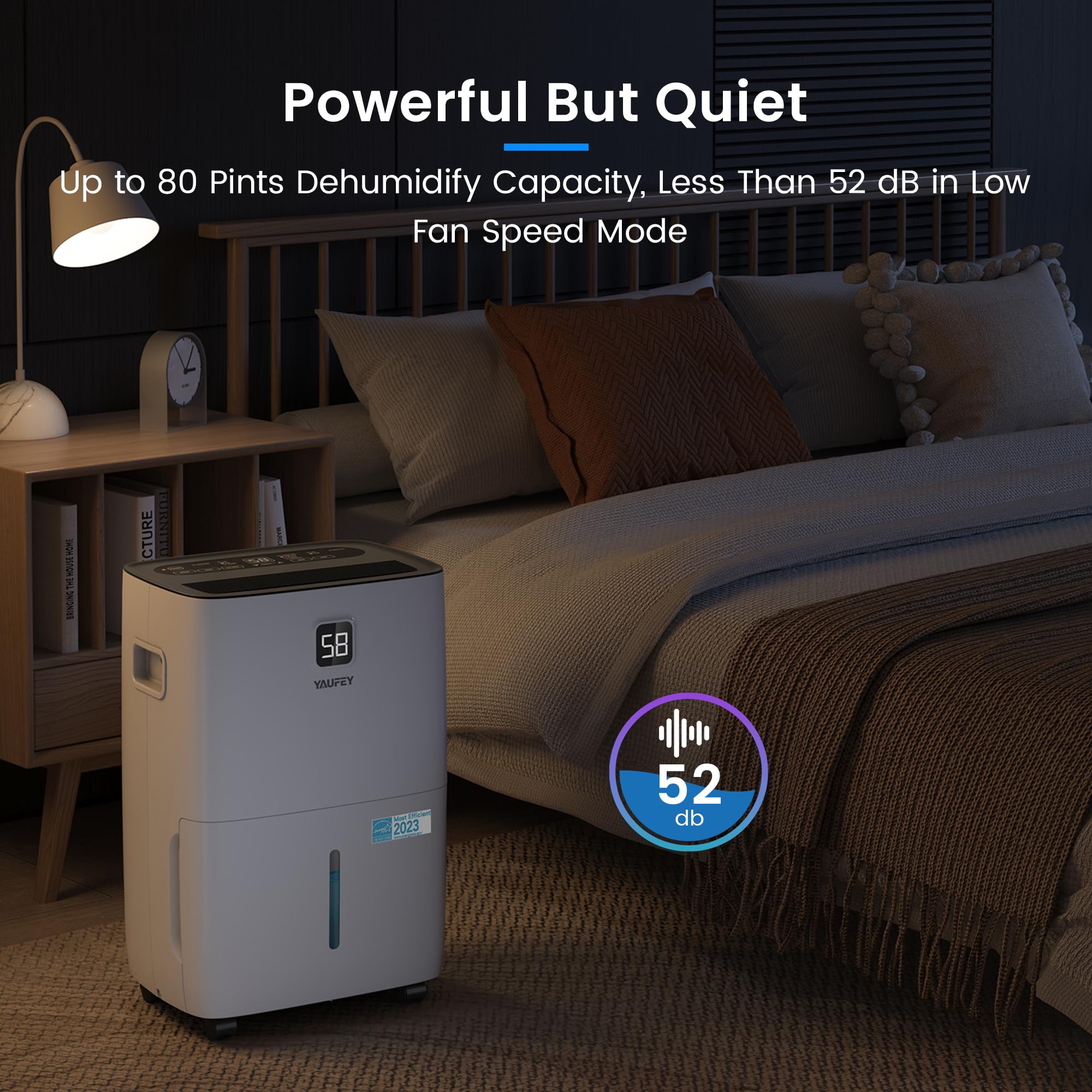 Yaufey 80-Pint Energy Star Dehumidifier for Home, Basement and Large Rooms up to 6000 Sq. Ft, Powerful and Quiet, with Timer, Intelligent Humidity Control, Drain Hose and Large Water Tank