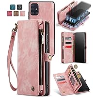 Premium Genuine Leather Business Wallet Case Cell Phone Pouch Zipper Purse+Detachable Magnetic Phone Back Cover+Card Slot RFID Protection for Samsung Galaxy A71 A51 A20 A30 A50 A70 (A71, Pink)