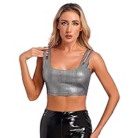 YiZYiF Women U Neck Sleeveless Crop Top Vest Rave Party Clubwear Holographic Shiny Metallic Tank Top