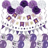Purple White Birthday Decorations Party Supplies for Women Girls with Happy Birthday Banner,Tissue Paper Pom Poms, Triangular Pennants, Latex Confetti Balloons- Purple, Lavender and White