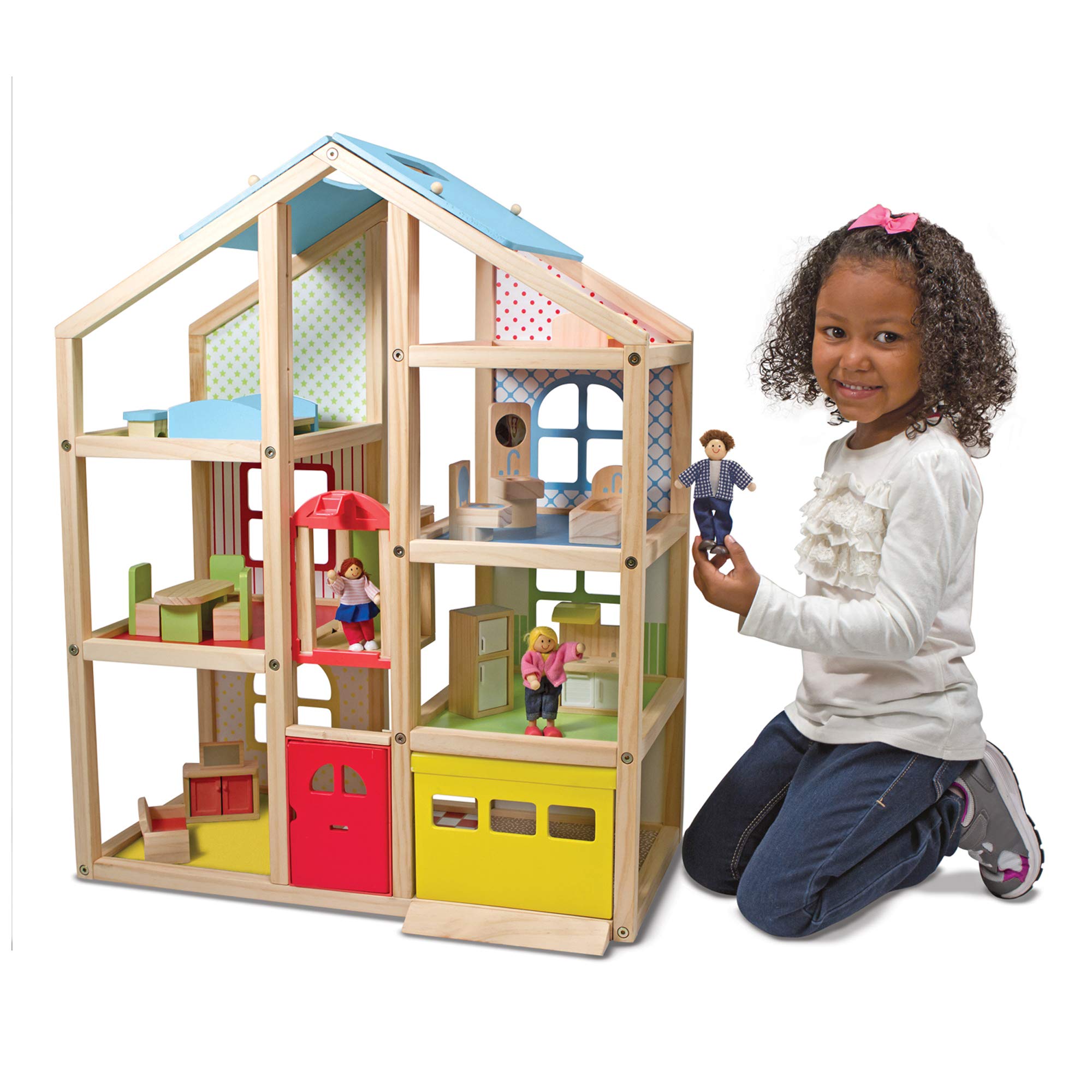 Melissa & Doug Hi-Rise Wooden Dollhouse With 15 pcs Furniture - Garage and Working Elevator