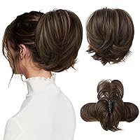 HOOJIH Messy Bun Hair Piece, Claw Clip in Straight Hair Bun 9 Inch Short Ponytail Extension with Bendable Metal Wire Hair Pieces for Women Fake Hair Bun - Black Brown with Golden Brown Highlights