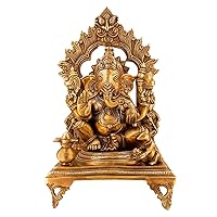 Big Brass Ganesha Idol Ganesh Sitting on Singhasan with Kalash Murti for Home Entrance Decor Ganpati Idol Murti Height 17 Inches