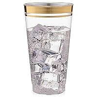 Perfect Settings 100 Premium Hard Plastic Cups Clear Plastic Double Colored Rimmed Cups Fancy Disposable Wedding Cups Elegant Party Cups with Twin Colored Rim (Clear Gold Rim, 16)