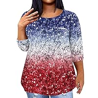 4Th of July Women's Shirts, Plus Size Tunic Tops for Women Plus Size Blouses for Women Women's Casual Independence Day Printing Blouse 3/4 Sleeve Shirt Fashion Round Neck Summer (Wine,5X-Large)