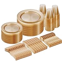 Goodluck 300 Piece Gold Glitter Disposable Plates for 50 Guests, Plastic Plates for Party, Wedding, Dinnerware Set of 50 Dinner Plates, 50 Salad Plates, 50 Spoons, 50 Forks, 50 Knives, 50 Cups