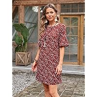 Women's Dress Dresses for Women Ditsy Floral Flounce Sleeve Tunic Dress Dresses for Women (Color : Redwood, Size : Large)