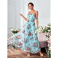 Floral Print Cold Shoulder Chiffon Maxi Bridesmaid Dress (Color : Mint Blue, Size : Small)
