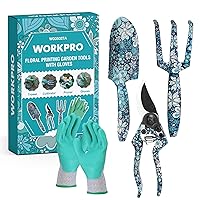 WORKPRO Aluminum Garden Tool Set, 4PCS Heavy Duty Hand Garden Tools with Box Include Trowel, Rake, Pruner, Garden Gloves, Blue Floral, Garden Gifts