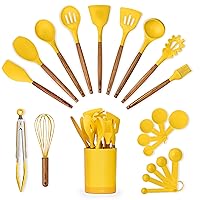 Silicone Kitchen Utensils Set & Holder: Cooking Utensils Set - Kitchen Essentials for New Home & 1st Apartment- Silicone Spatula Set, Cooking Spoons for Nonstick Cookware (Acacia Wood, Yellow)