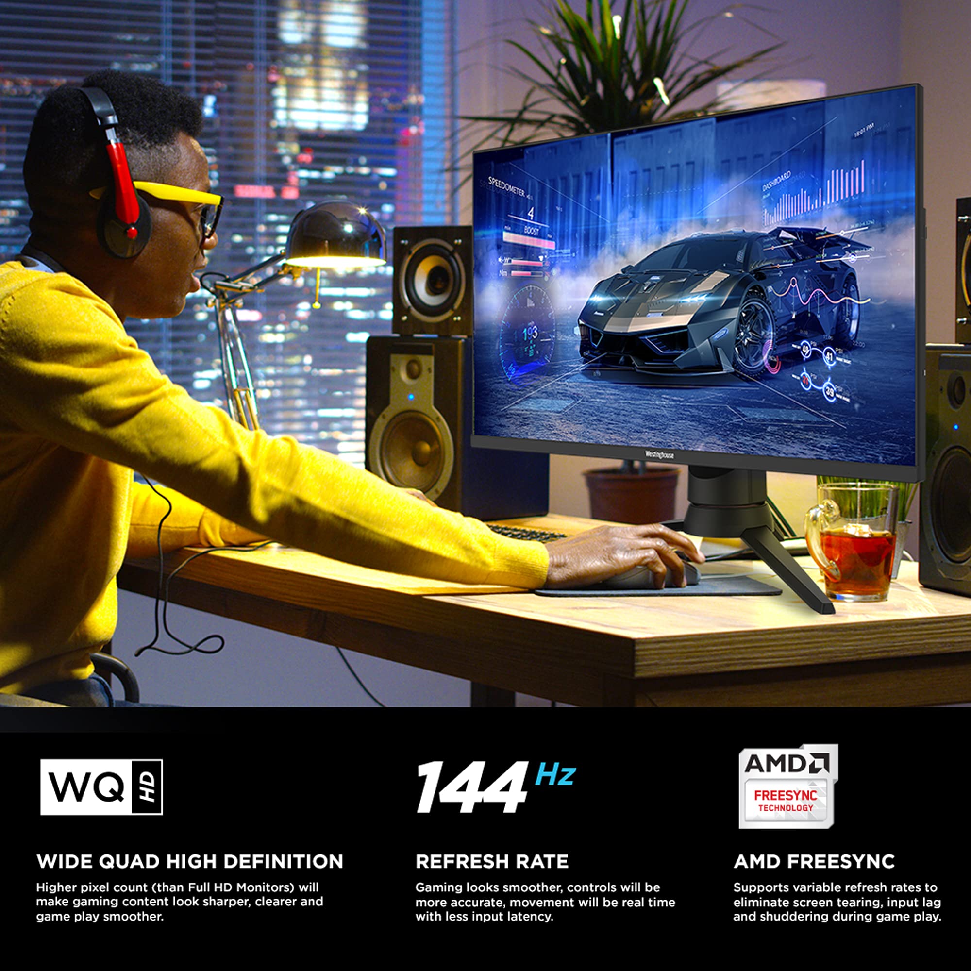 Westinghouse 32 Inch Gaming Monitor with 144Hz Refresh Rate, 2560 x 1440P Quad HD LED Flat VA Gaming Monitor Supported by AMD FreeSync Premium, Computer Monitor with RGB Lights, 16:9 Aspect Ratio