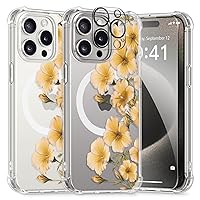 GVIEWIN Magnetic for iPhone 15 Pro Max Case with Screen Protector + Camera Protector, [Compatible with MagSafe][10FT Drop Protection] Clear Floral Phone Cover Women for 15 ProMax (Buttercup/Orange)