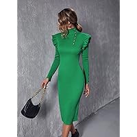 2022 Women's Dresses Button Detail High Neck Ruffle Trim Bodycon Dress Women's Dresses (Color : Green, Size : X-Small)