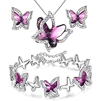 Butterfly Crystal Bundle Jewelry Set Amethyst Dark Pink February Birthstone Gifts for Women Necklace Earrings Bracelet, Silver-Tone, 18”+2” Chain