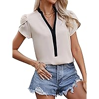 GORGLITTER Women's Color Block Notch Neck T-Shirt Petal Short Sleeve Casual Blouse Top