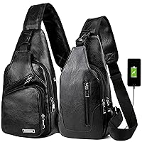 Peicees Pack of 2 Large&Medium Leather Sling Bag Mens Crossbody Bag Chest Bag Sling Backpack for Men with USB Charge Port, Classic Black Large & Vertical Zipper Black Medium