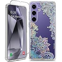 Coolwee Clear Glitter for Galaxy S24 Case - 6.2 inch, Shockproof Thin Flower Slim Cute Crystal Lace Bling Women Hard Back Soft TPU Bumper Protective Cover for Samsung S24 Mandala Henna