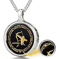 Sagittarius Necklace Zodiac Pendant for Birthdays 23rd November to 21st December with Star Sign and Personality Characteristics Inscribed in 24ct Gold on Round Black Onyx Gemstone, 18