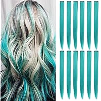 12PCS Colored Teal Hair Extensions 21 Inch Colorful Clip in Hair Extensions Straight Synthetic Hairpieces for Women Kids Girls Halloween Christmas Cosplay (Teal)