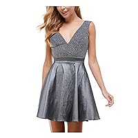 Womens Gray Glitter Zippered Sleeveless V Neck Short Party Fit + Flare Dress Juniors 13