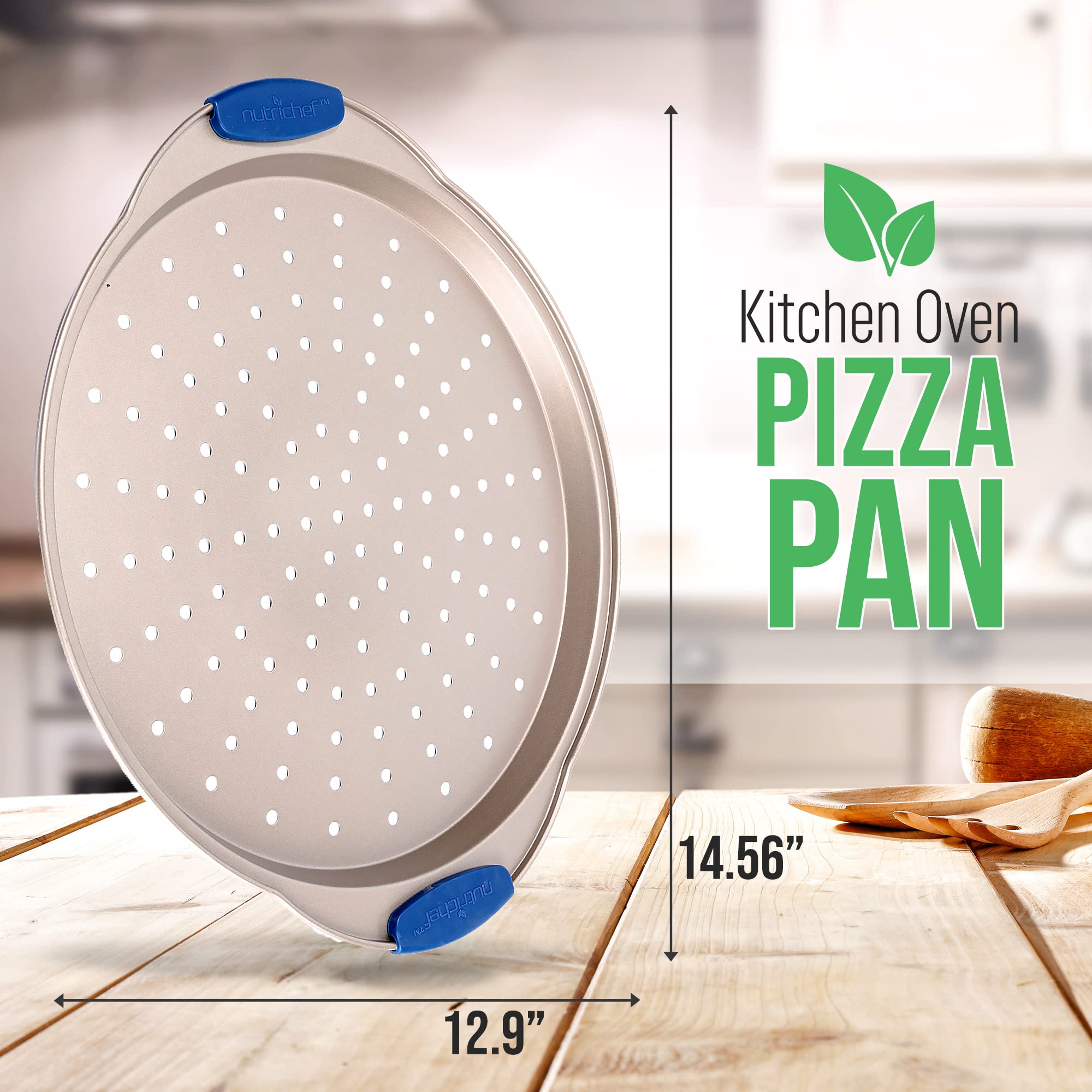 NutriChef Non-Stick Pizza Tray - with Silicone Handle, Round Steel Non-stick Pan with Perforated Holes, Premium Bakeware, Pizza Tray with Silicone and Oversized Handle, Dishwasher Safe - NCBPIZ2