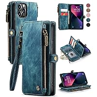 Defencase for iPhone 13 Pro Case, for iPhone 13 Pro Case Wallet for Women Men, Durable PU Leather Magnetic Flip Strap Wristlet Zipper Card Holder Phone Cases for iPhone 13 Pro [6.1 inch], Blue