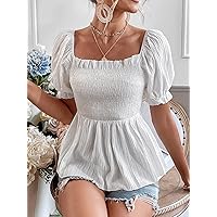Women's Tops Shirts Sexy Tops for Women Square Neck Shirred Ruffle Hem Blouse Shirts for Women (Color : White, Size : X-Small)
