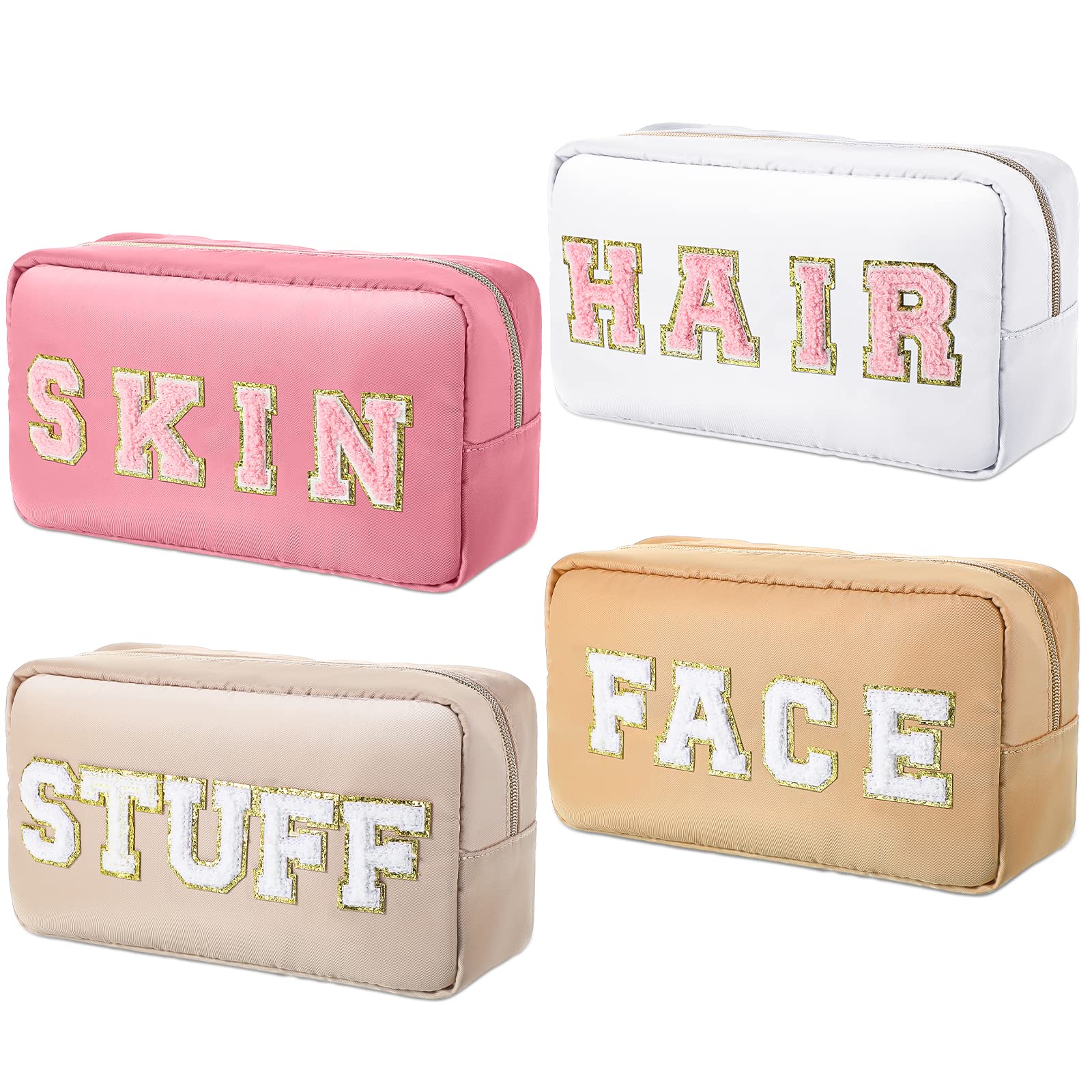 Remerry 4 Pcs Nylon Cosmetic Bag Chenille Letter Cosmetic Pouch Zipper Preppy Makeup Bag Waterproof Hair Bag with Patches Makeup Organizer Bag Set for Women (Earth Tone, Stuff, Face)