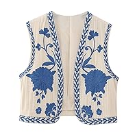 Flygo Floral Embroidered Vest Women Vintage Boho Vest Sleeveless Open Front Cardigan Waistcoat Cropped Vests