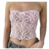 Women Lace Tube Tops Y2K Sexy Strapless Camisole Sheer Lace Frill Sleeveless Crop Tops Bandeau E-Girl Streetwear