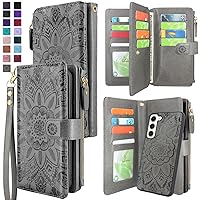 Harryshell Detachable Magnetic Zipper Wallet Leather Case with Cash Coin Pocket 12 Card Slots Holder Wrist Strap Lanyard for Samsung Galaxy S23 5G (2023) (Flower Gray)