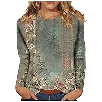 Womens Long Sleeve Tops Casual Round Neck Autumn Shirts Loose Retro Flower Print Tee Blouse
