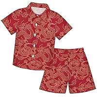 visesunny Toddler Boys 2 Piece Outfit Button Down Shirt and Short Sets Dragon Red Pattern Boy Summer Outfits
