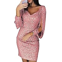 Andongnywell Womens Elegant Sequin Tassel Sleeve Bodycon Long Sleeve Sequins Fringe Dress Sexy Midi Dresses